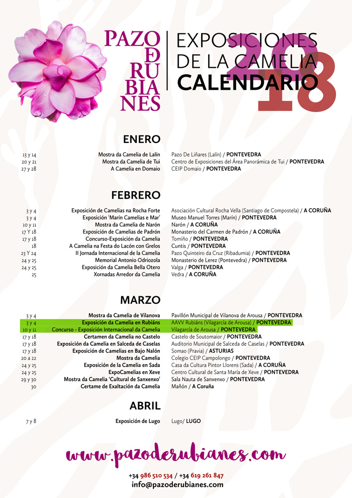 Calendario de Exposiciones de la Camelia en Galicia para el año 2018.